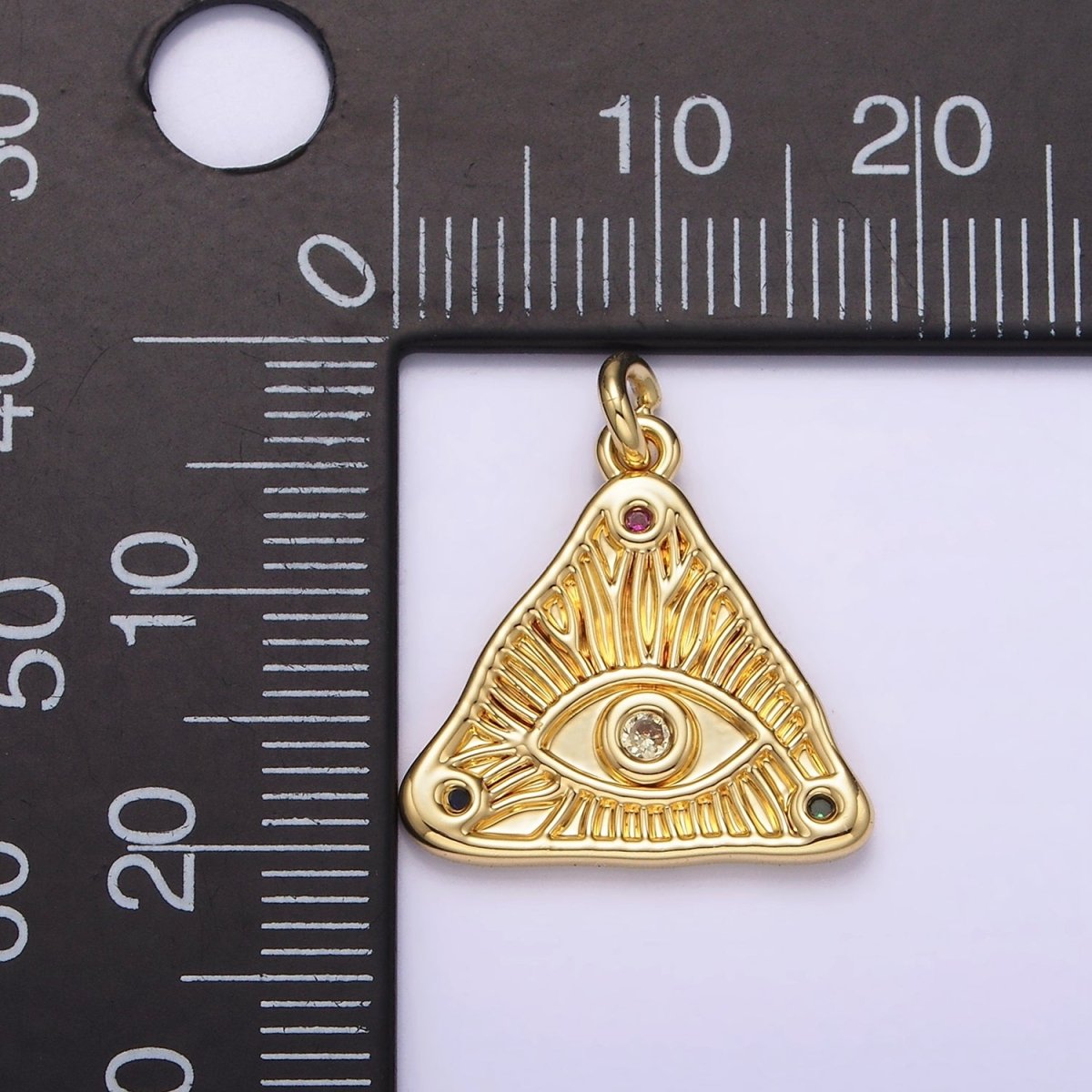 14K Gold Filled 20mm Clear, Multicolor Triple CZ Evil Eye Line-Textured Triangle Charm | AG301 AG302 - DLUXCA