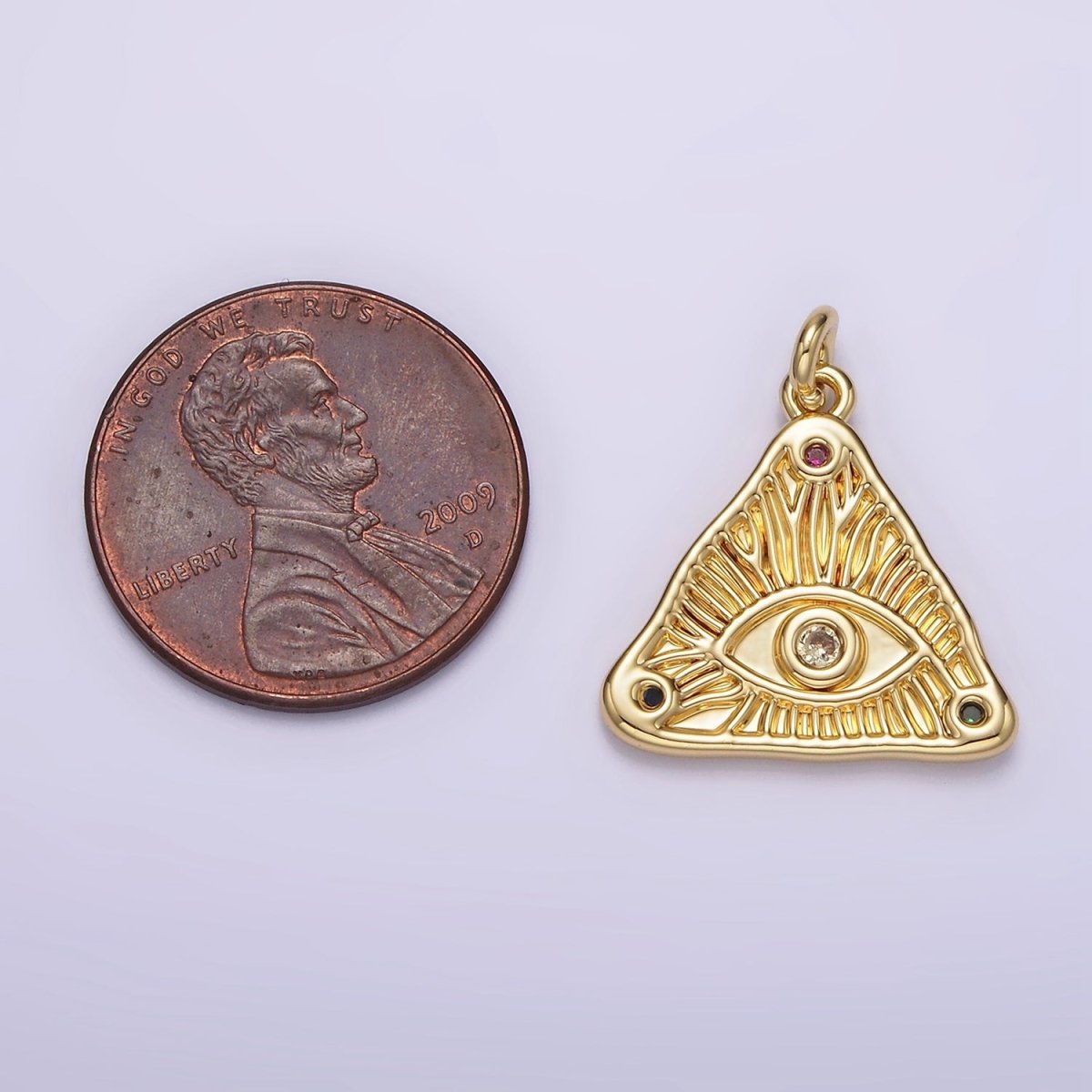 14K Gold Filled 20mm Clear, Multicolor Triple CZ Evil Eye Line-Textured Triangle Charm | AG301 AG302 - DLUXCA