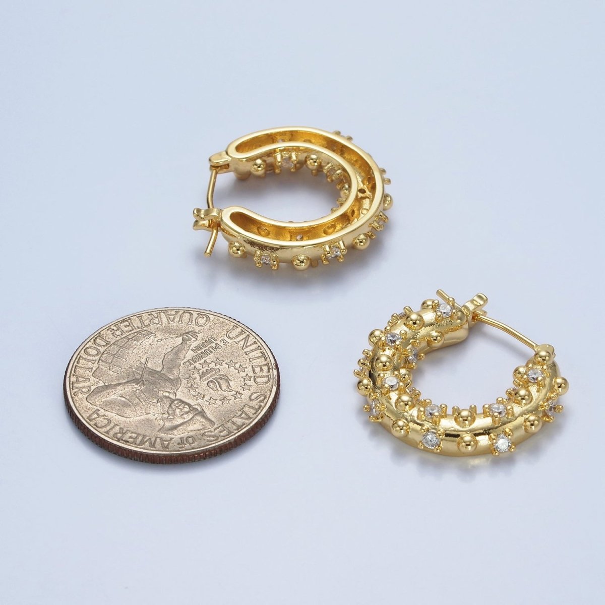 14K Gold Filled 20mm CZ Dotted Chubby Latch Earrings in Gold & Silver | AE427 AE428 - DLUXCA