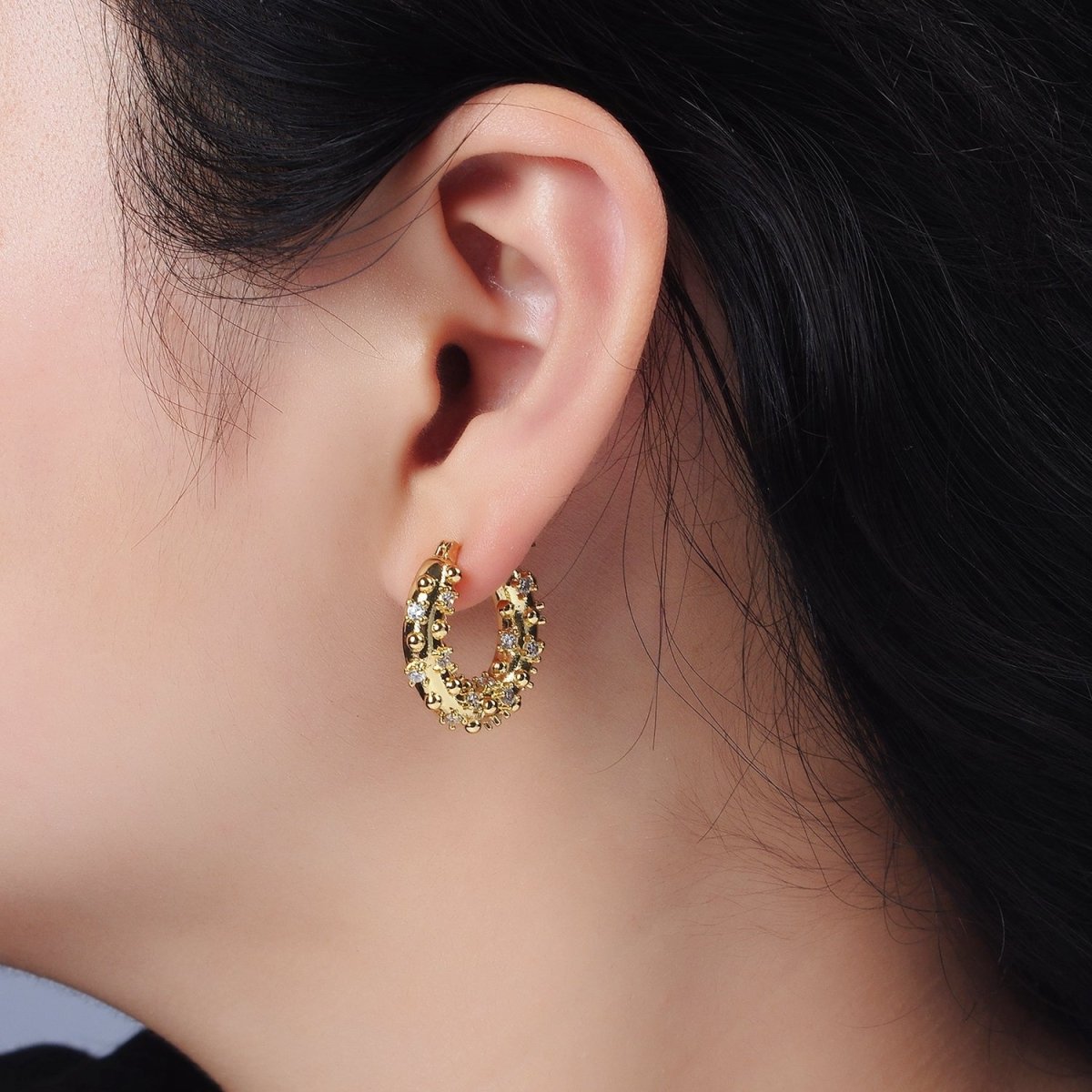 14K Gold Filled 20mm CZ Dotted Chubby Latch Earrings in Gold & Silver | AE427 AE428 - DLUXCA
