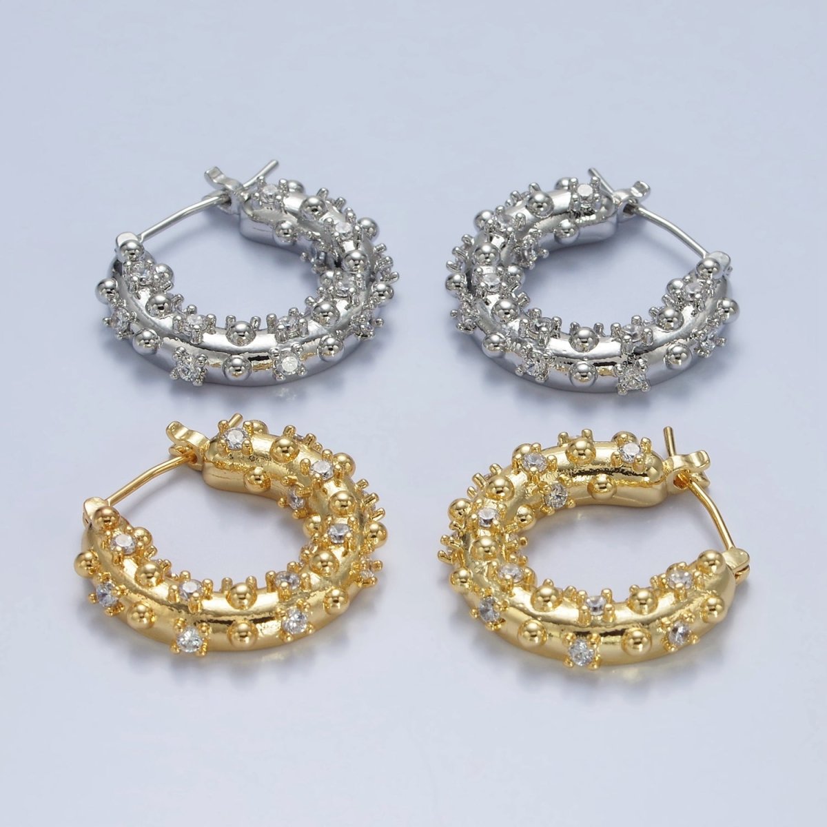 14K Gold Filled 20mm CZ Dotted Chubby Latch Earrings in Gold & Silver | AE427 AE428 - DLUXCA