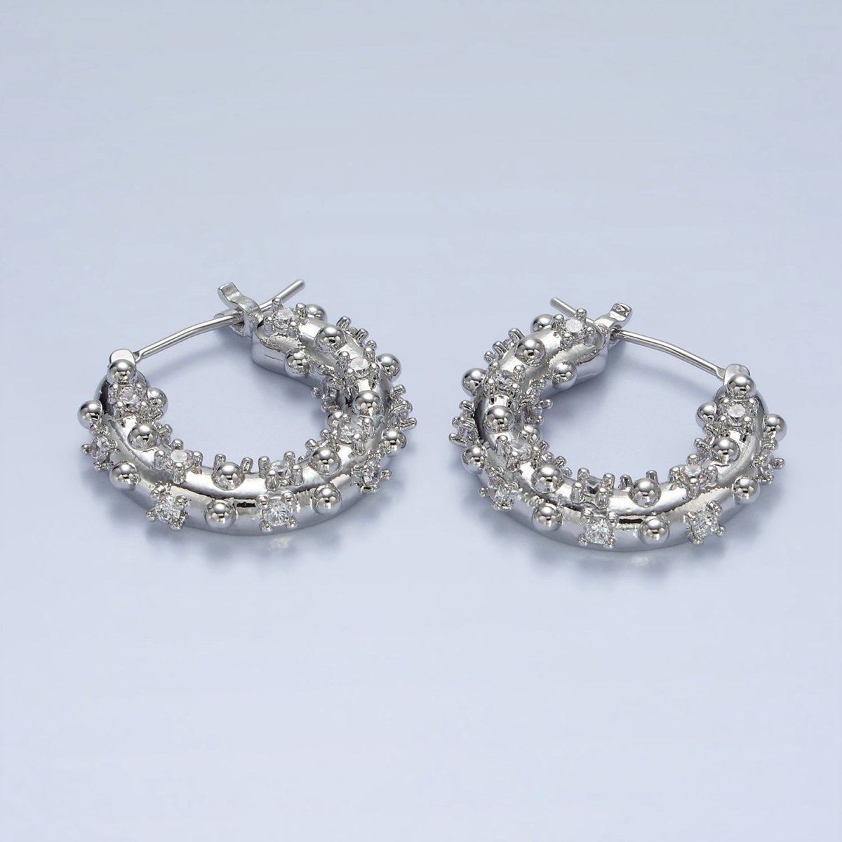 14K Gold Filled 20mm CZ Dotted Chubby Latch Earrings in Gold & Silver | AE427 AE428 - DLUXCA