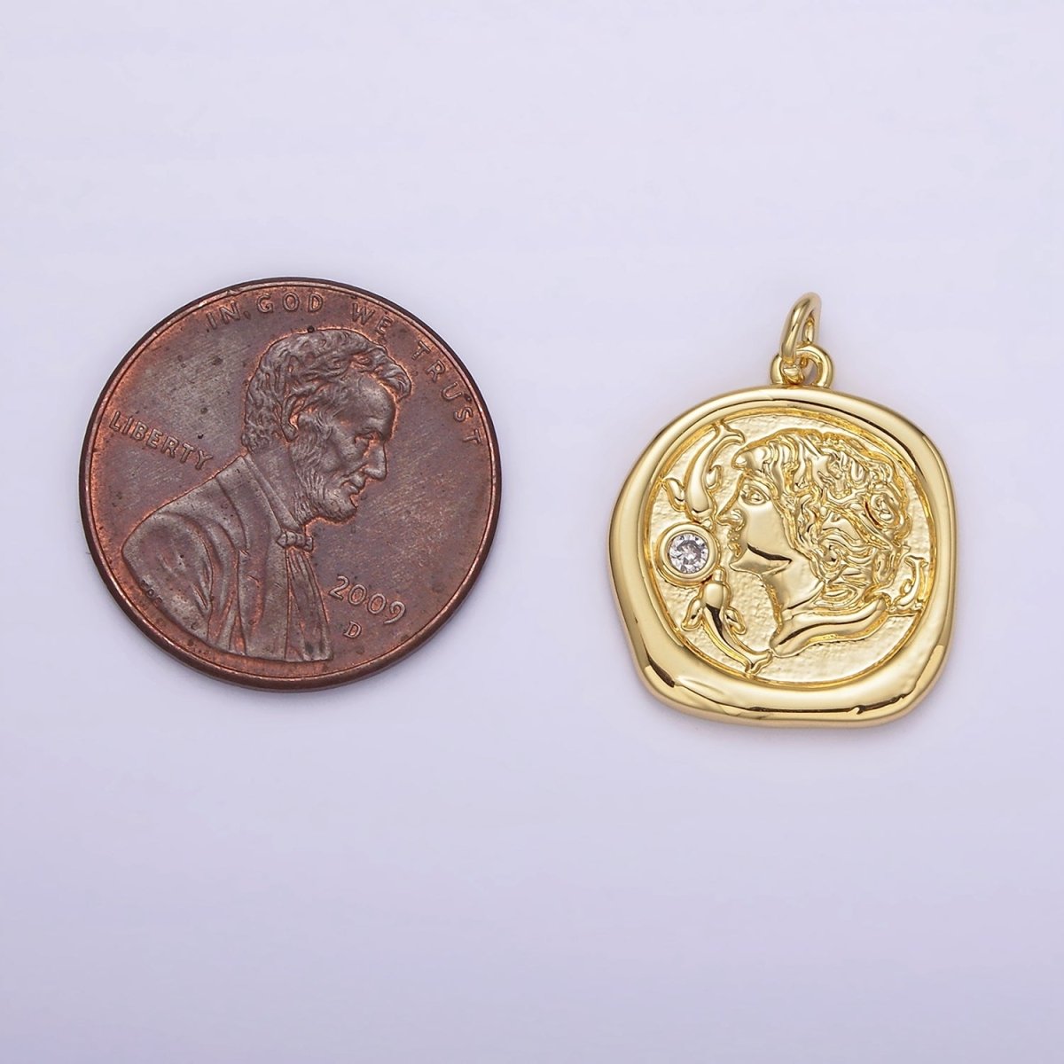 14K Gold Filled 20mm Double Fish Clear CZ Portrait Cameo Stamped Round Charm | AH306 - DLUXCA