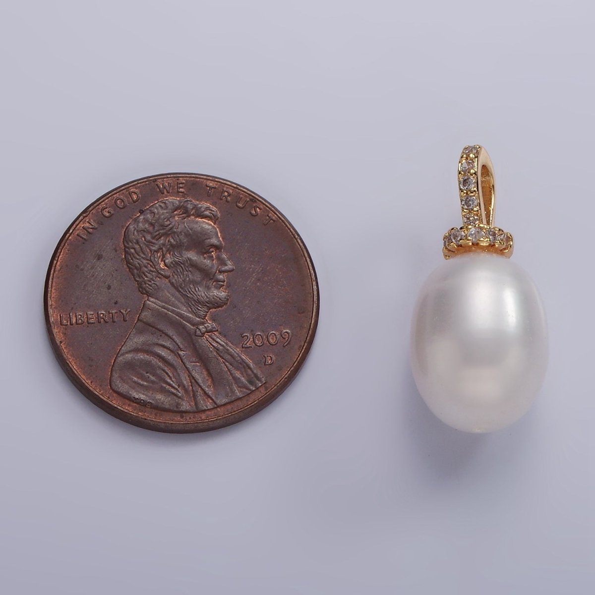 14K Gold Filled 20mm Freshwater Pearl Button Drop Micro Paved CZ Bail Pendant | P1628 - DLUXCA