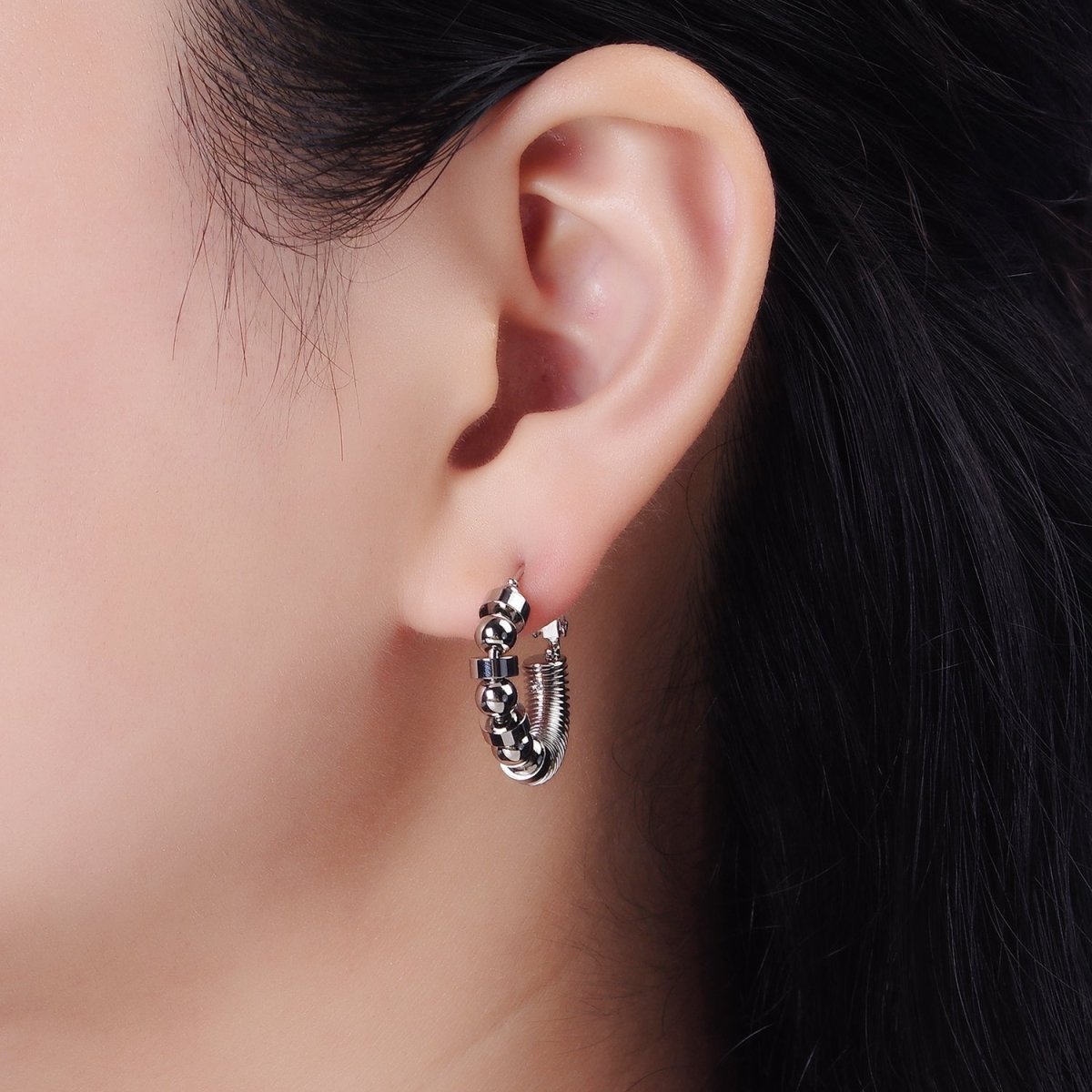 14K Gold Filled 20mm Geometric Croissant Rhondelle Bead Hinge Hoop Earrings in Gold & Silver | AE311 AE312 - DLUXCA