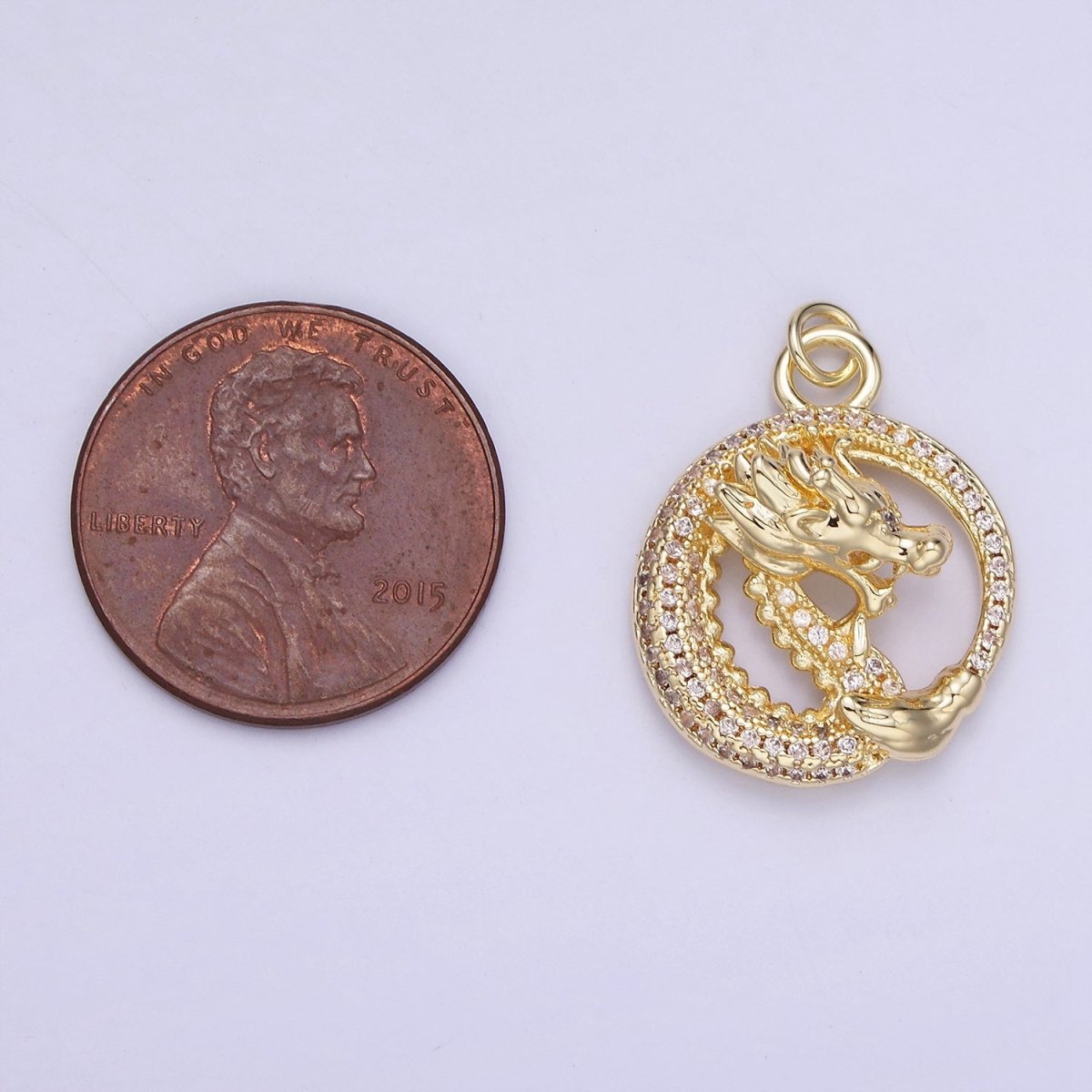 14K Gold Filled 20mm Micro Paved CZ Open Dragon Round Charm | AG716 - DLUXCA