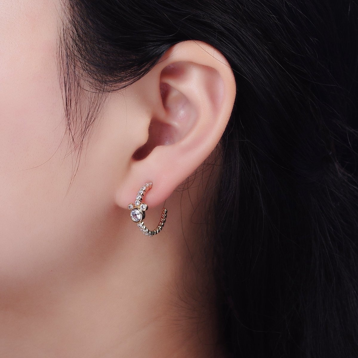 14K Gold Filled 20mm Mouse Triple Clear CZ Micro Paved C-Shaped Hoop Earrings in Silver & Gold | V466 V467 - DLUXCA