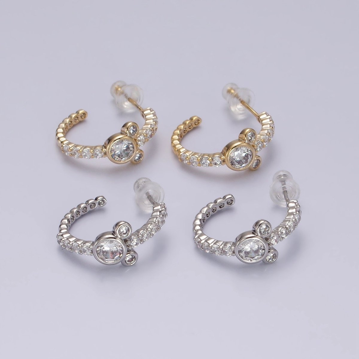 14K Gold Filled 20mm Mouse Triple Clear CZ Micro Paved C-Shaped Hoop Earrings in Silver & Gold | V466 V467 - DLUXCA