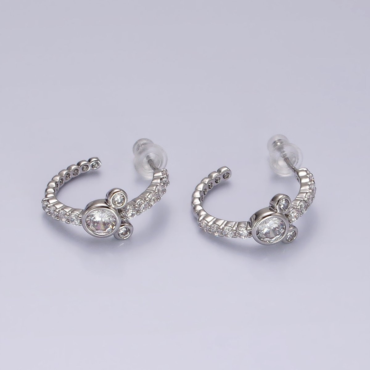 14K Gold Filled 20mm Mouse Triple Clear CZ Micro Paved C-Shaped Hoop Earrings in Silver & Gold | V466 V467 - DLUXCA
