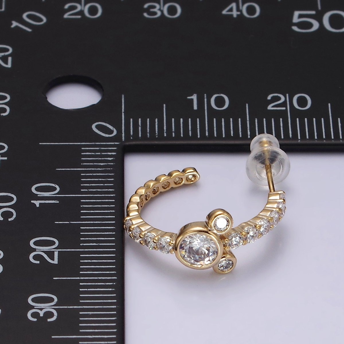 14K Gold Filled 20mm Mouse Triple Clear CZ Micro Paved C-Shaped Hoop Earrings in Silver & Gold | V466 V467 - DLUXCA