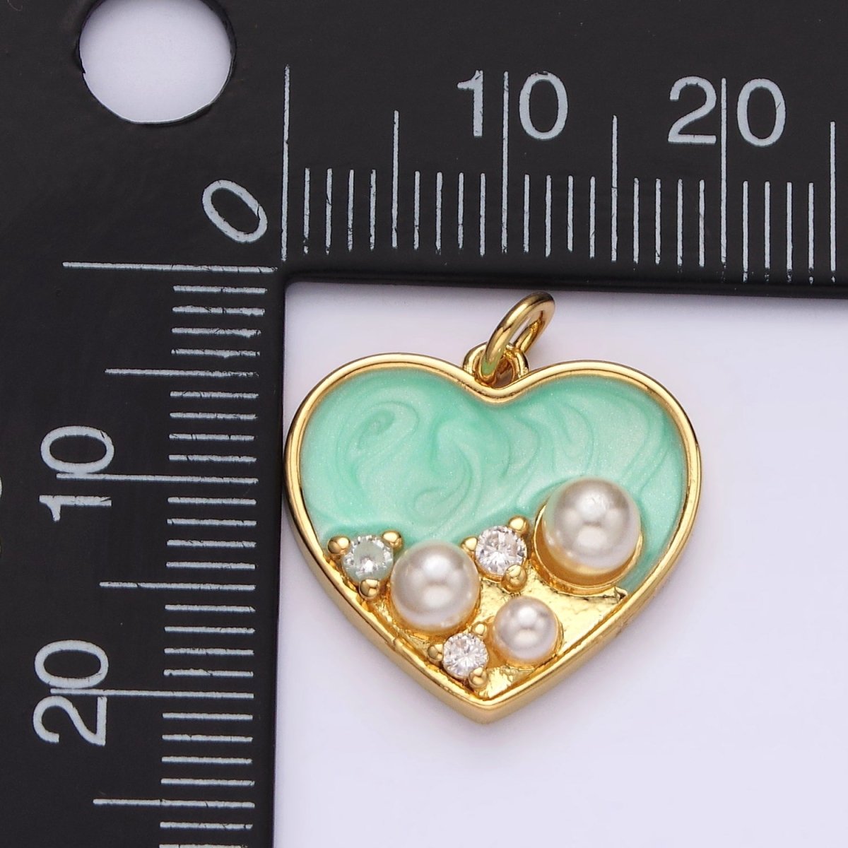 14K Gold Filled 20mm Pearl CZ Dotted Teal Sparkly Enamel Heart Charm | AC788 - DLUXCA