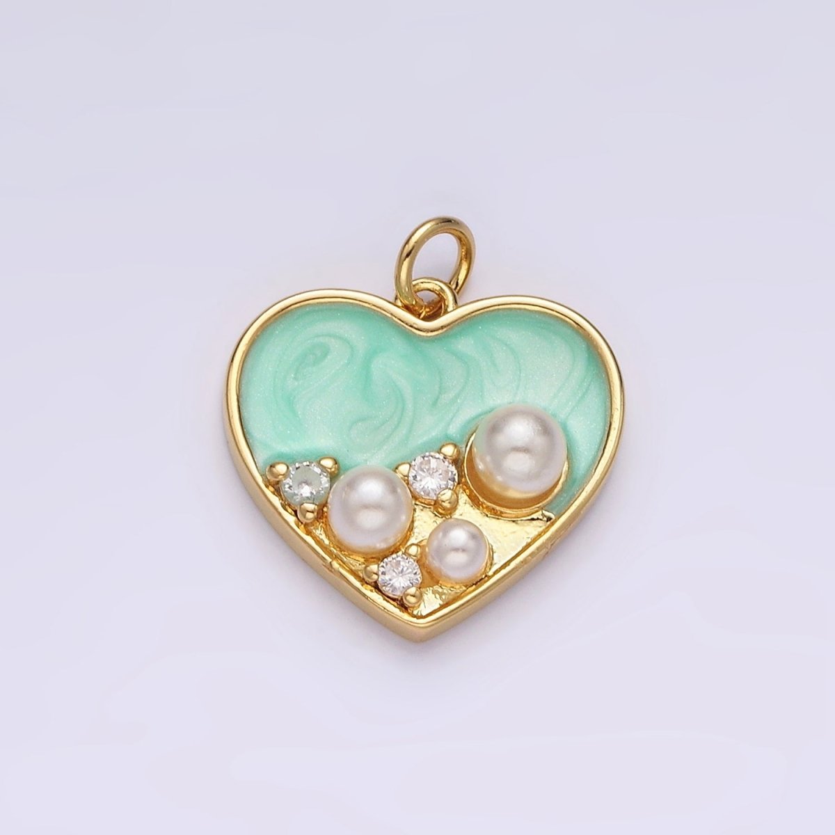 14K Gold Filled 20mm Pearl CZ Dotted Teal Sparkly Enamel Heart Charm | AC788 - DLUXCA