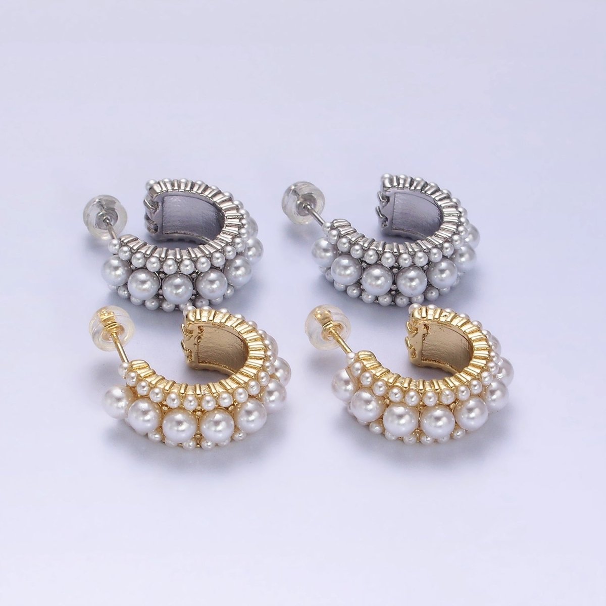 14K Gold Filled 20mm Triple White Pearl Lined C-Shaped Hoop Earrings in Gold & Silver | Y-923 Y-928 - DLUXCA