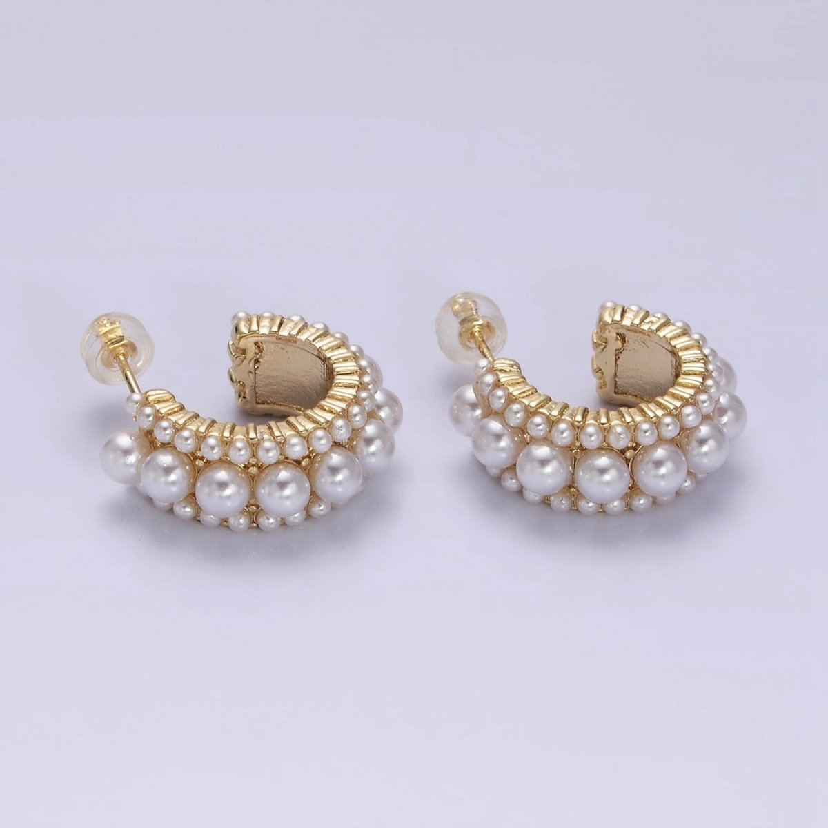 14K Gold Filled 20mm Triple White Pearl Lined C-Shaped Hoop Earrings in Gold & Silver | Y-923 Y-928 - DLUXCA