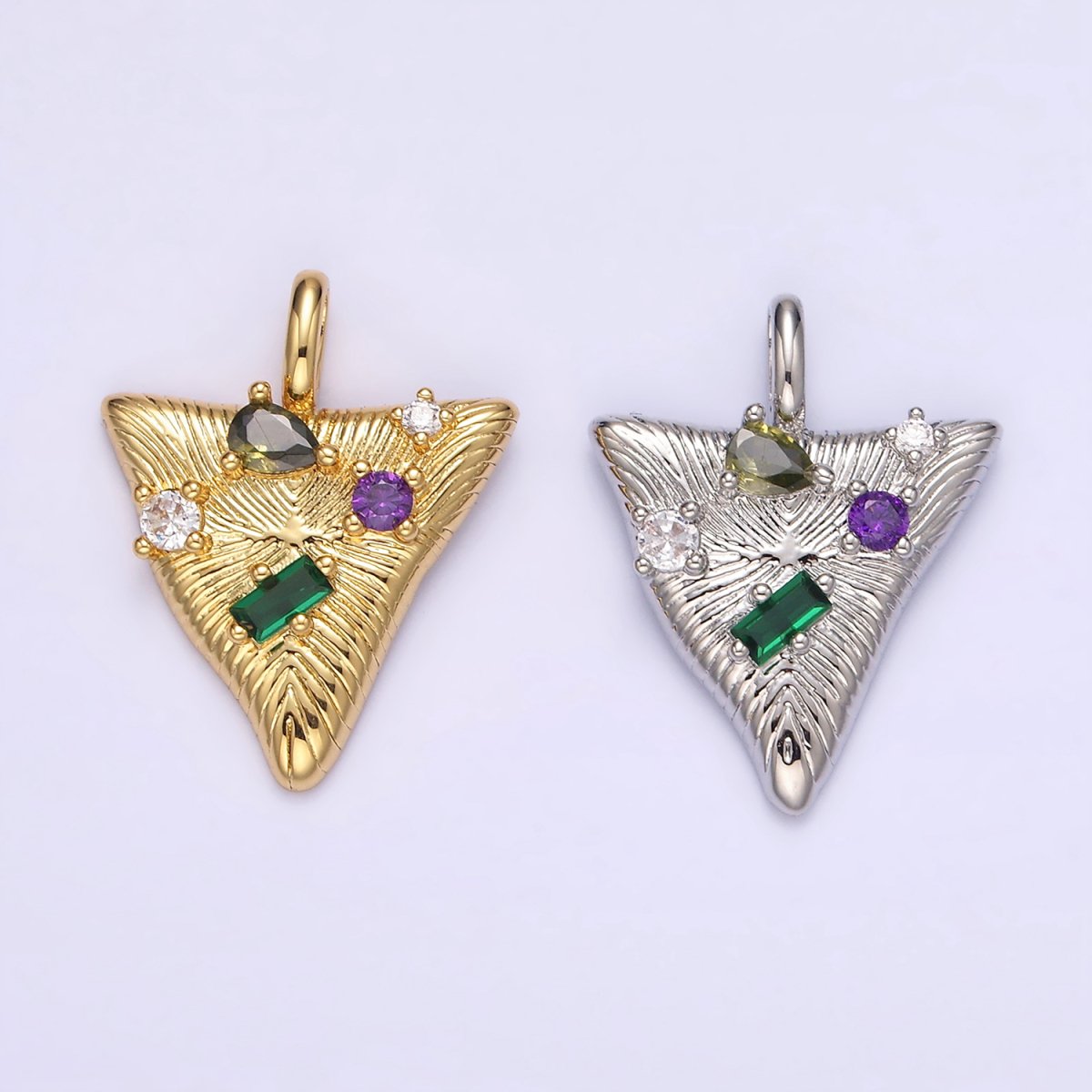14K Gold Filled 21.5mm Multicolor CZ Line-Textured Abstract Triangle Pendant in Gold & Silver | AA737 AA738 - DLUXCA