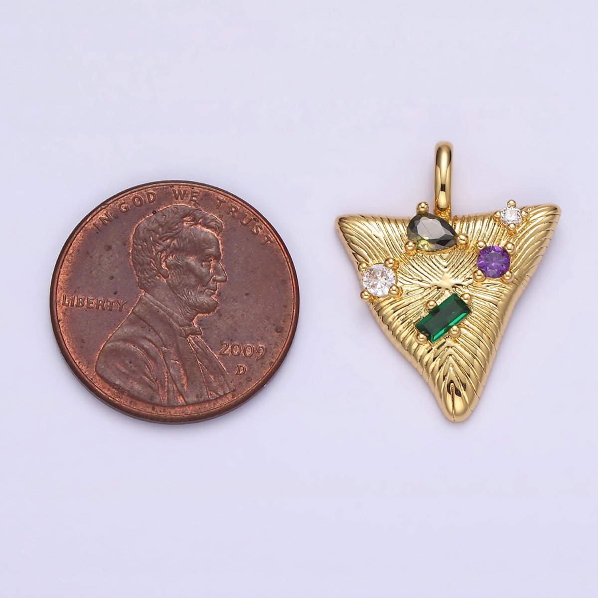 14K Gold Filled 21.5mm Multicolor CZ Line-Textured Abstract Triangle Pendant in Gold & Silver | AA737 AA738 - DLUXCA