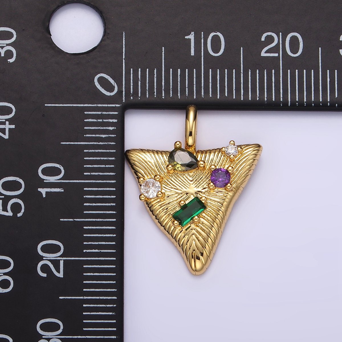 14K Gold Filled 21.5mm Multicolor CZ Line-Textured Abstract Triangle Pendant in Gold & Silver | AA737 AA738 - DLUXCA