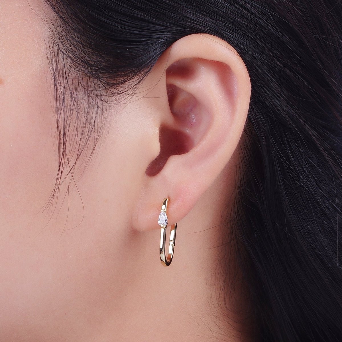 14K Gold Filled 21mm, 30mm Clear Teardrop CZ Oblong U-Shaped Hoop Earrings | Y-195 AB-250 - DLUXCA