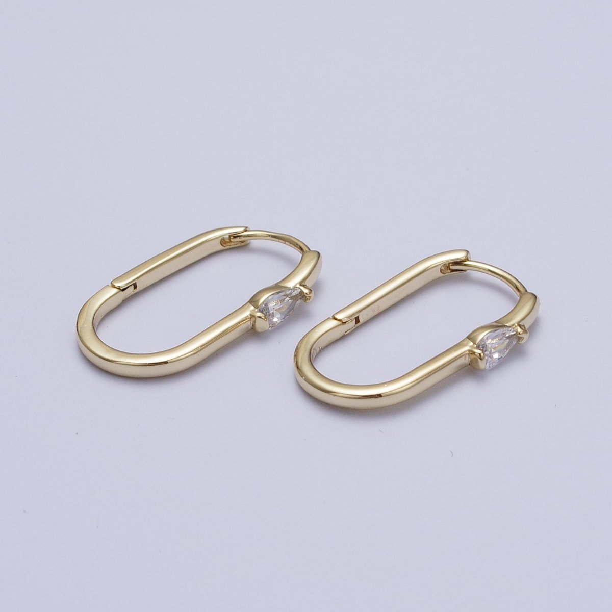 14K Gold Filled 21mm, 30mm Clear Teardrop CZ Oblong U-Shaped Hoop Earrings | Y-195 AB-250 - DLUXCA