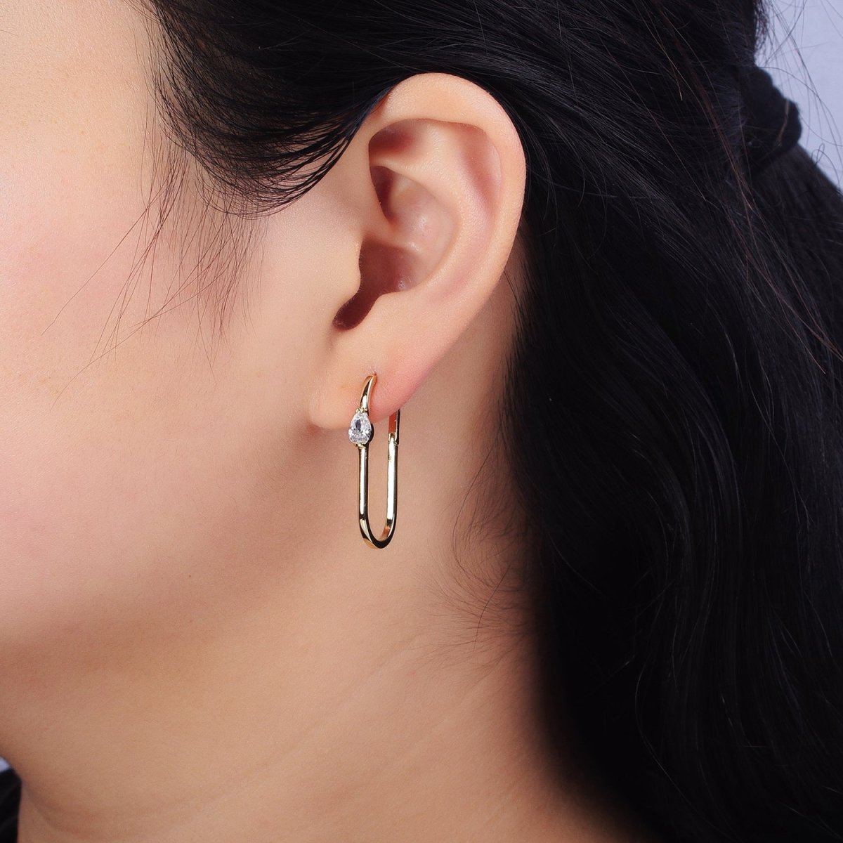 14K Gold Filled 21mm, 30mm Clear Teardrop CZ Oblong U-Shaped Hoop Earrings | Y-195 AB-250 - DLUXCA