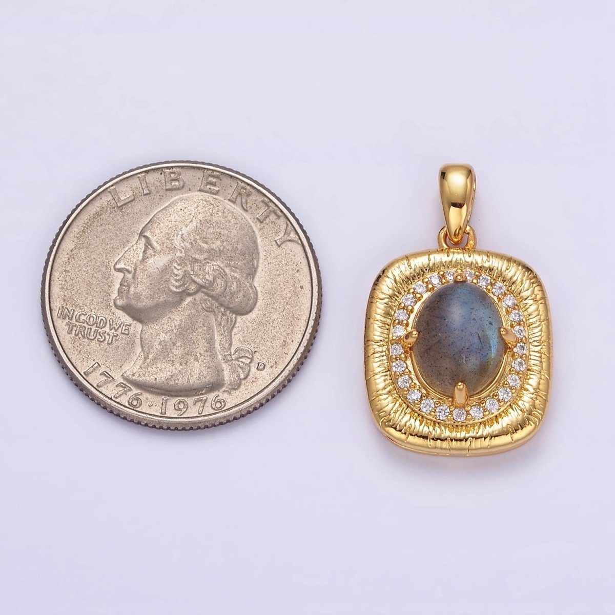 14K Gold Filled 21mm Moonstone, Labradorite, Blue Agate Oval Micro Paved CZ Lined Pendant | AA-689 - AA-691 - DLUXCA