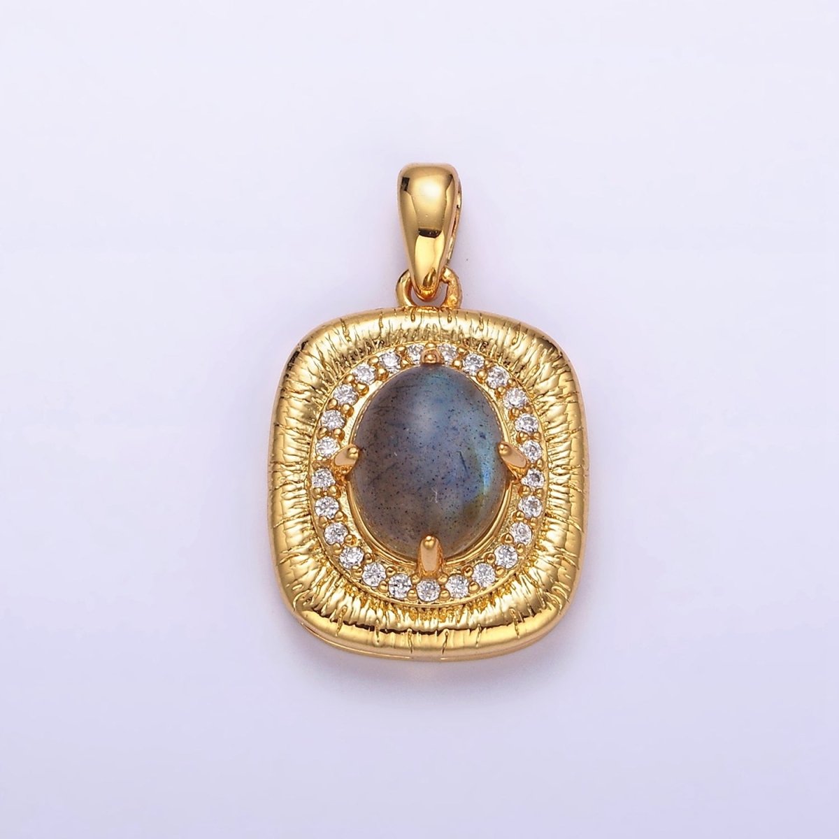 14K Gold Filled 21mm Moonstone, Labradorite, Blue Agate Oval Micro Paved CZ Lined Pendant | AA-689 - AA-691 - DLUXCA