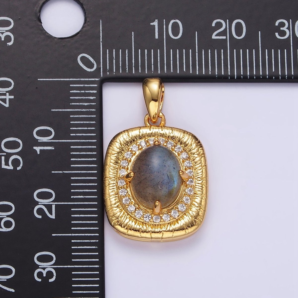 14K Gold Filled 21mm Moonstone, Labradorite, Blue Agate Oval Micro Paved CZ Lined Pendant | AA-689 - AA-691 - DLUXCA