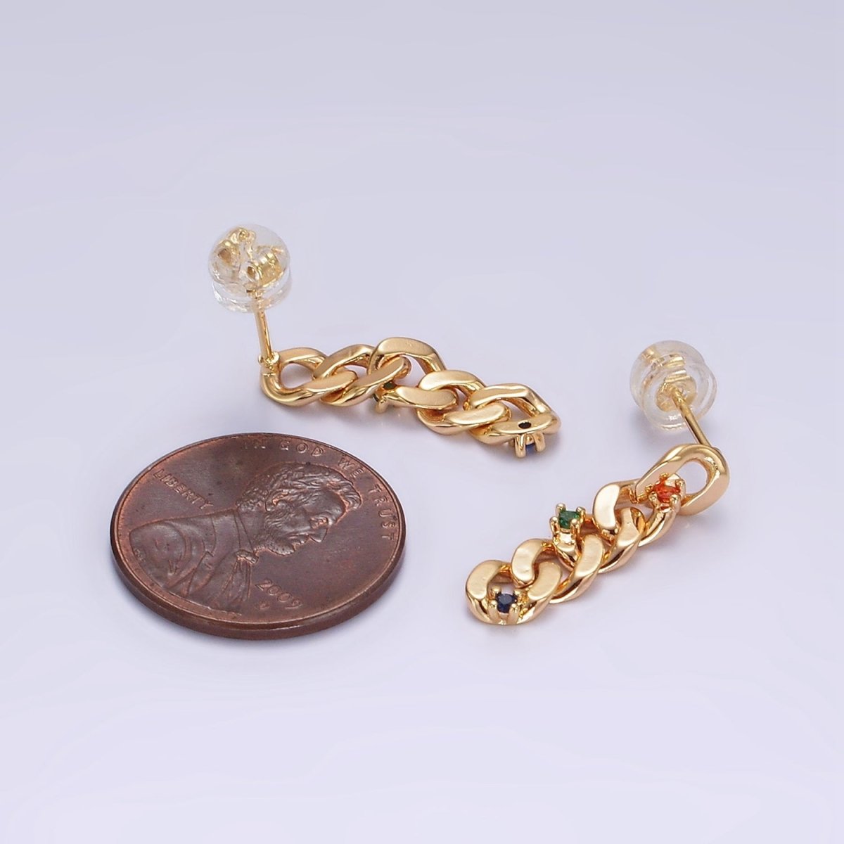 14K Gold Filled 21mm Multicolor CZ Curb Chain Link Drop Stud Earrings | AE909 - DLUXCA