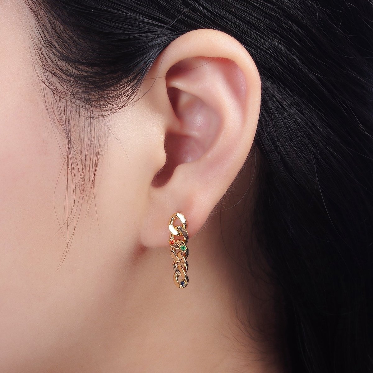 14K Gold Filled 21mm Multicolor CZ Curb Chain Link Drop Stud Earrings | AE909 - DLUXCA