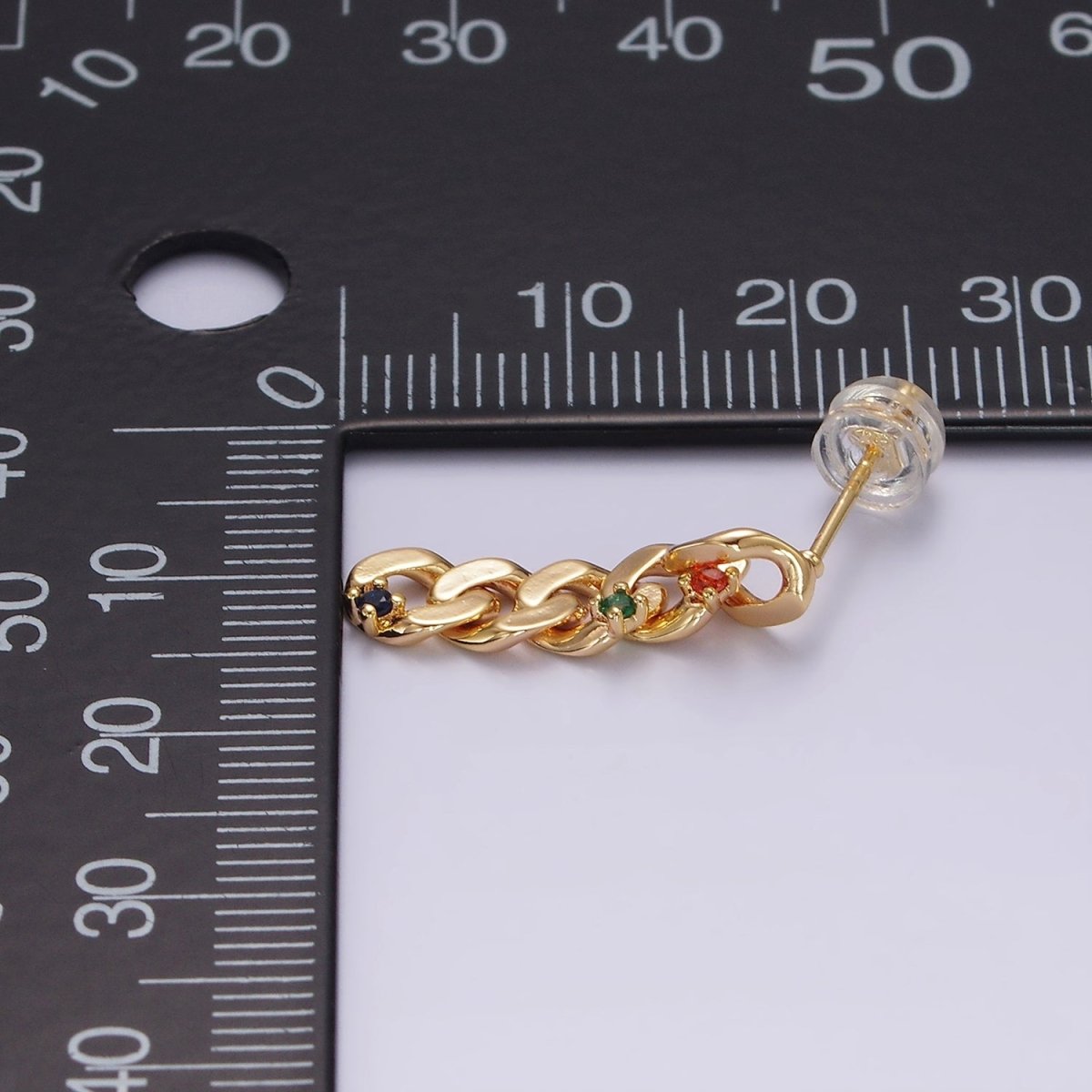 14K Gold Filled 21mm Multicolor CZ Curb Chain Link Drop Stud Earrings | AE909 - DLUXCA