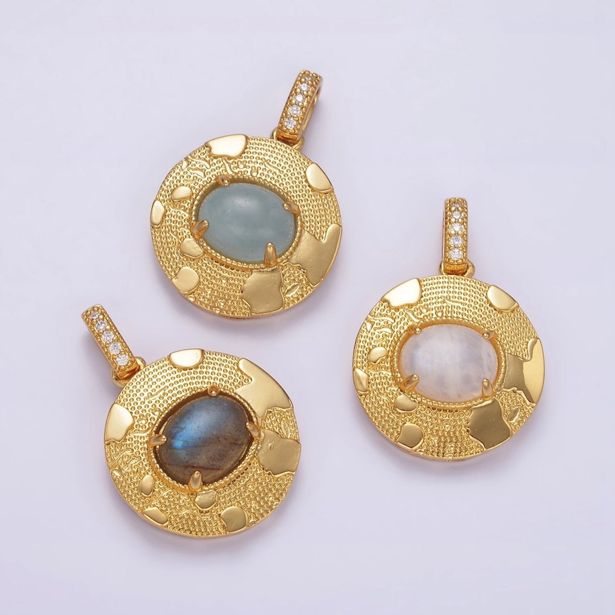 14K Gold Filled 22.5mm Moonstone, Labradorite, Blue Agate Oval Dotted Splatter Micro Paved CZ Bail Round Pendant | AA692 - AA694 - DLUXCA