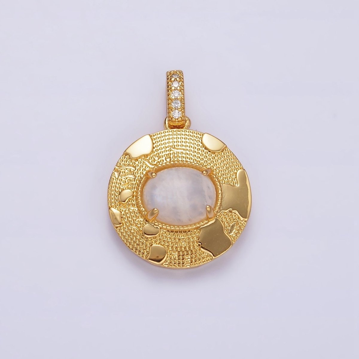 14K Gold Filled 22.5mm Moonstone, Labradorite, Blue Agate Oval Dotted Splatter Micro Paved CZ Bail Round Pendant | AA692 - AA694 - DLUXCA