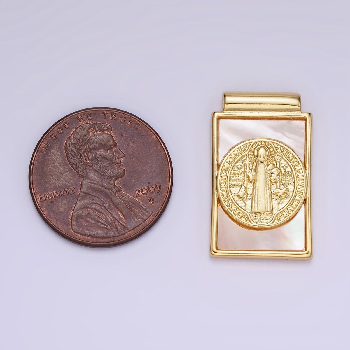 14K Gold Filled 22mm Saint Benedict Shell Pearl Rectangular Pendant | AH155 - DLUXCA