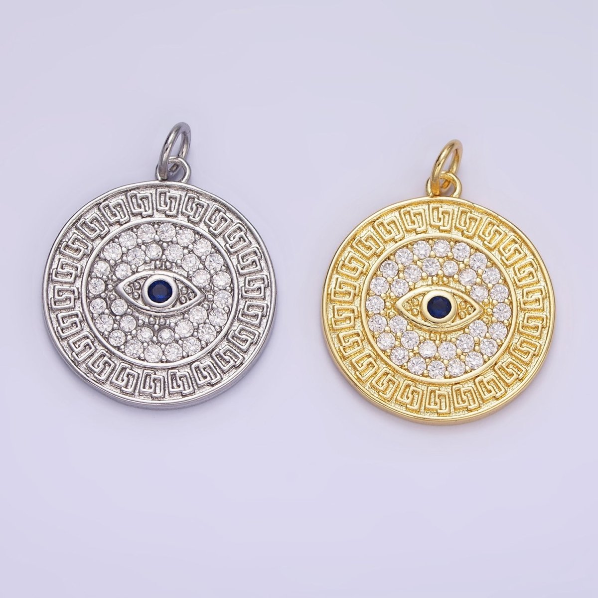 14K Gold Filled 23mm Blue Evil Eye Micro Paved CZ Round Charm in Gold & Silver | AG649 - DLUXCA