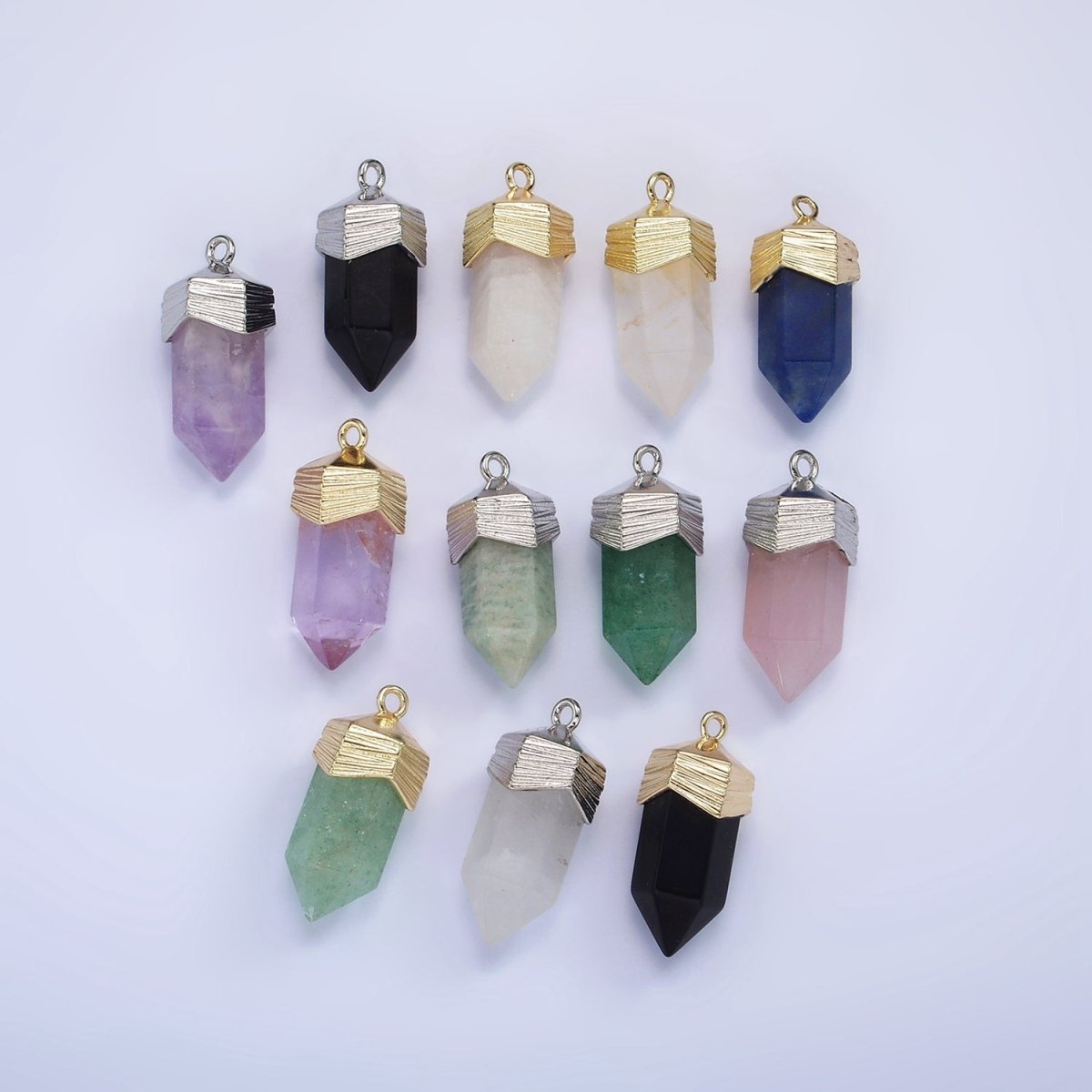 14K Gold Filled 23mm Natural Gemstone Pointed Wand Line-Textured Charm in Silver & Gold | AG342 - AG353 - DLUXCA