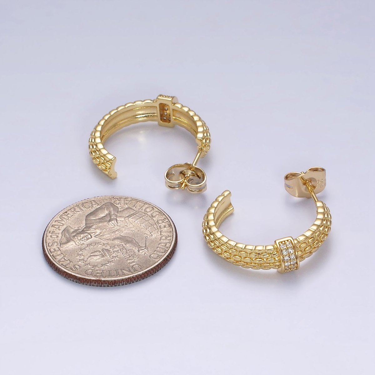 14K Gold Filled 23mm Sphere Textured Clear CZ Micro Paved Bar C-Shaped Hoop Earrings | Y-895 - DLUXCA