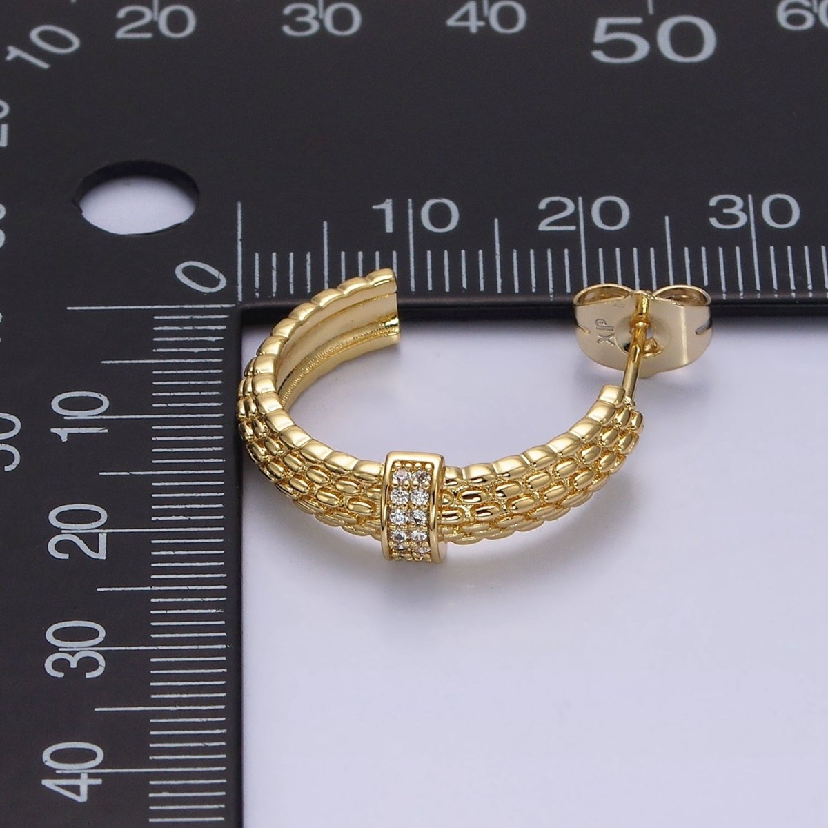 14K Gold Filled 23mm Sphere Textured Clear CZ Micro Paved Bar C-Shaped Hoop Earrings | Y-895 - DLUXCA