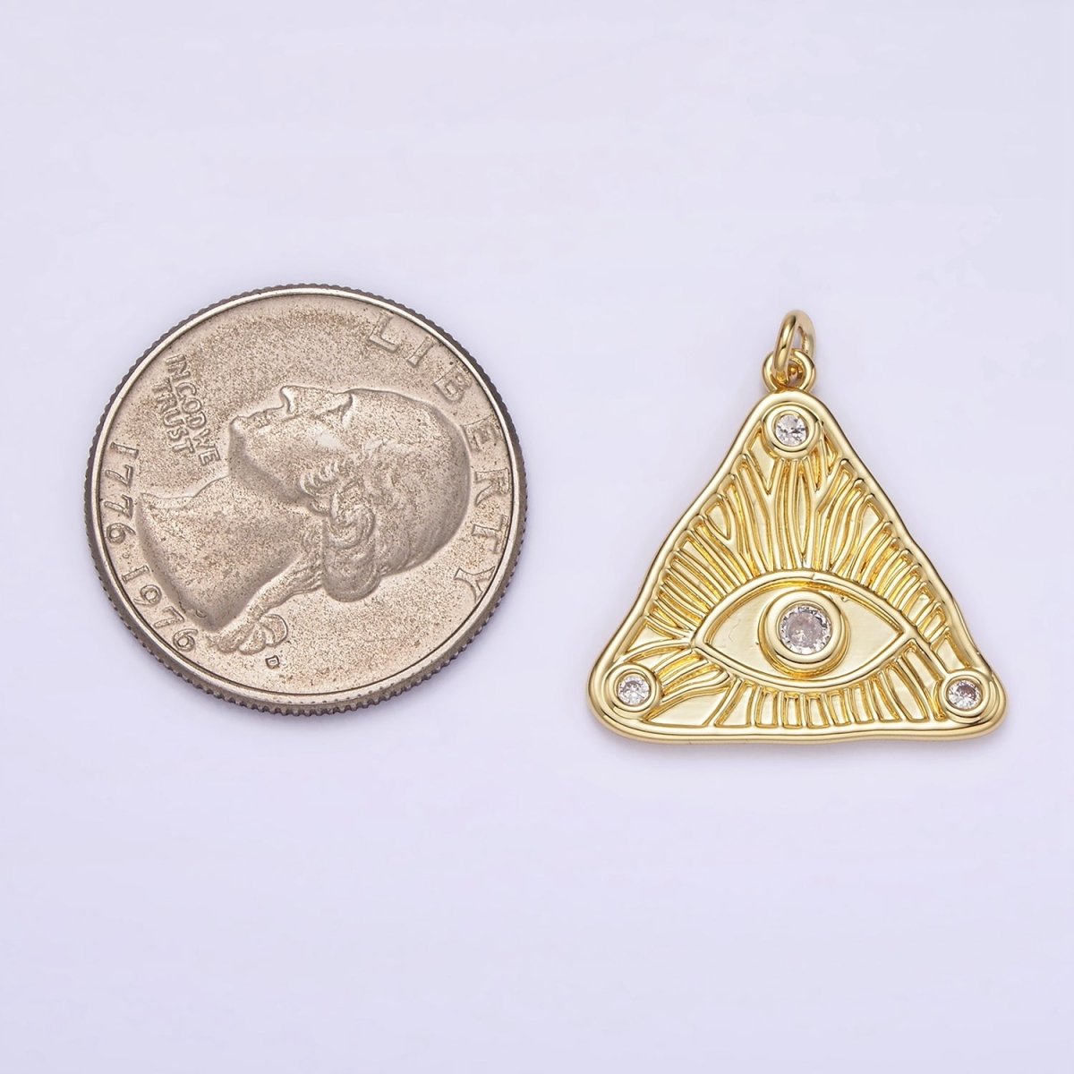 14K Gold Filled 24.5mm Clear Triple CZ Evil Eye Line-Textured Triangle Charm | AG265 - DLUXCA