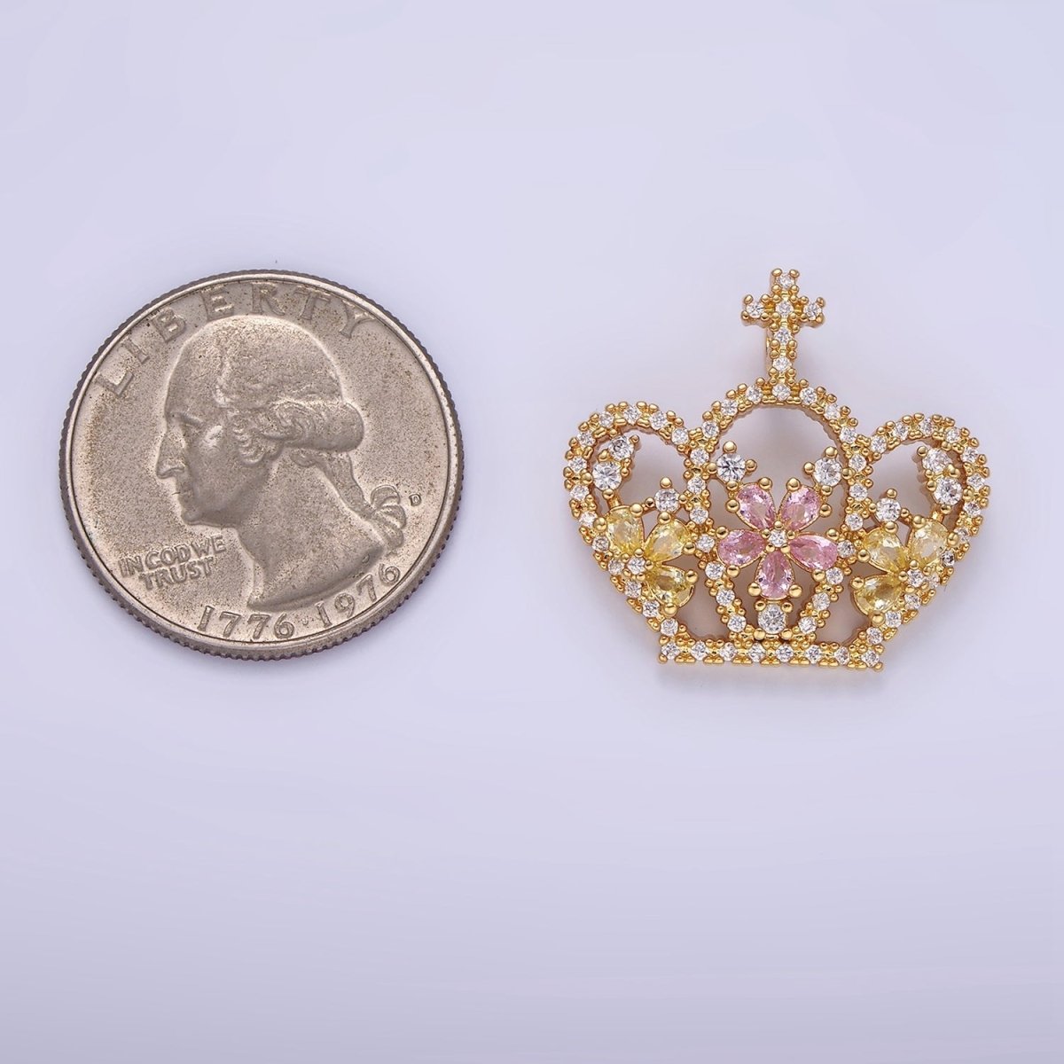 14K Gold Filled 24mm Multicolor Triple Flower CZ Micro Paved Open Cross Royal Crown Pendant | AA1134 - DLUXCA