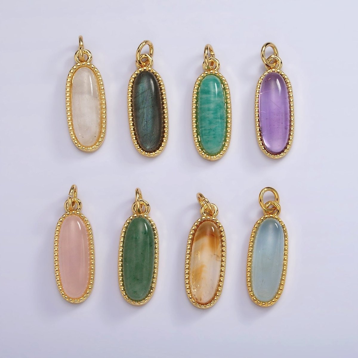 14K Gold Filled 24mm Natural Gemstone Dotted Bezel Oblong Charm | AG566 - AG571 - DLUXCA