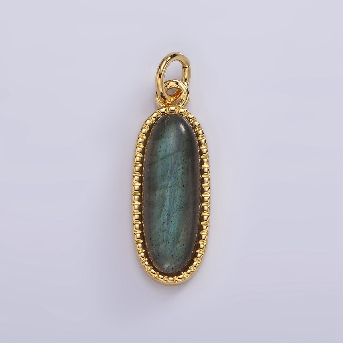 14K Gold Filled 24mm Natural Gemstone Dotted Bezel Oblong Charm | AG566 - AG571 - DLUXCA