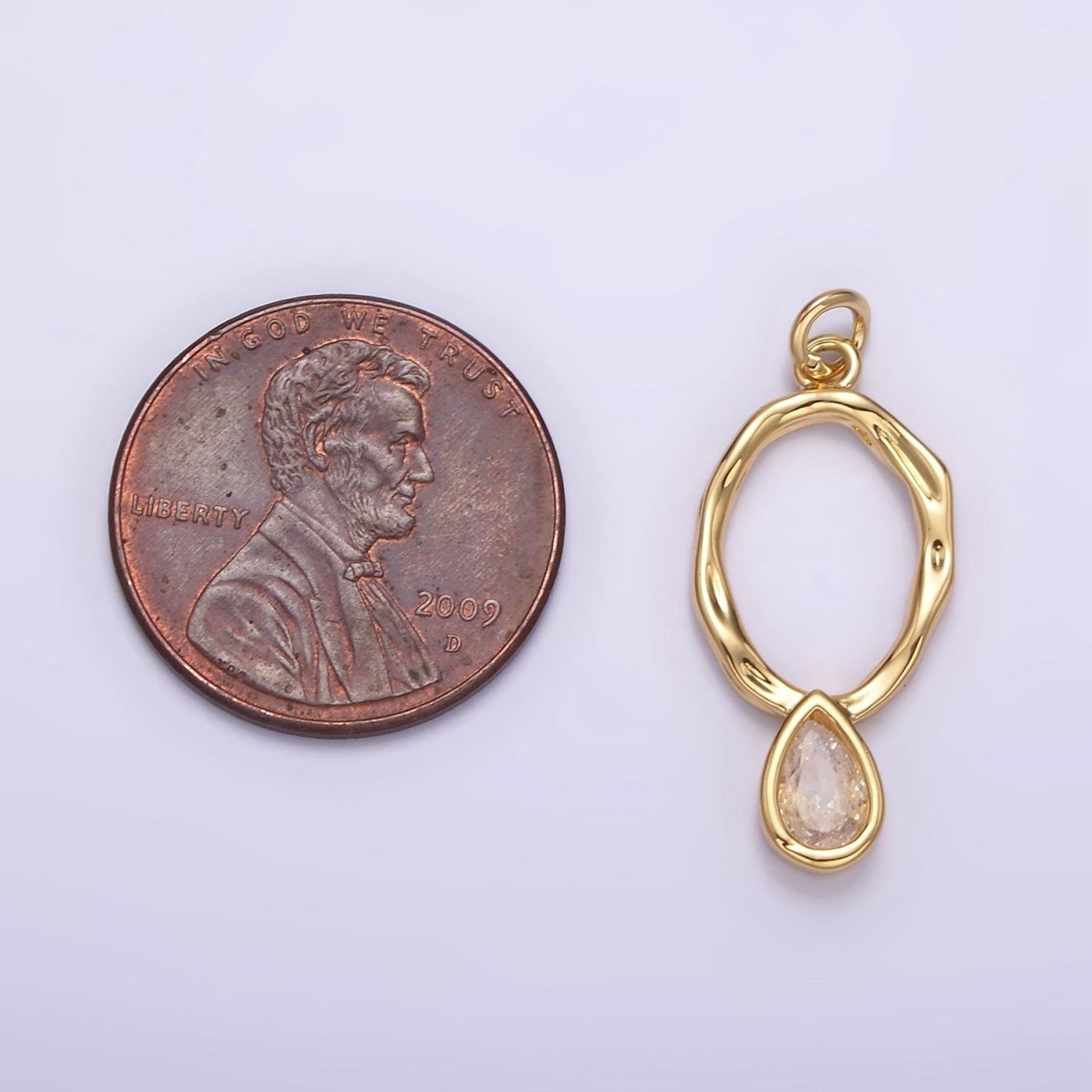 14K Gold Filled 25.5mm Open Dented Oblong Clear Teardrop CZ Drop Charm | AG280 - DLUXCA