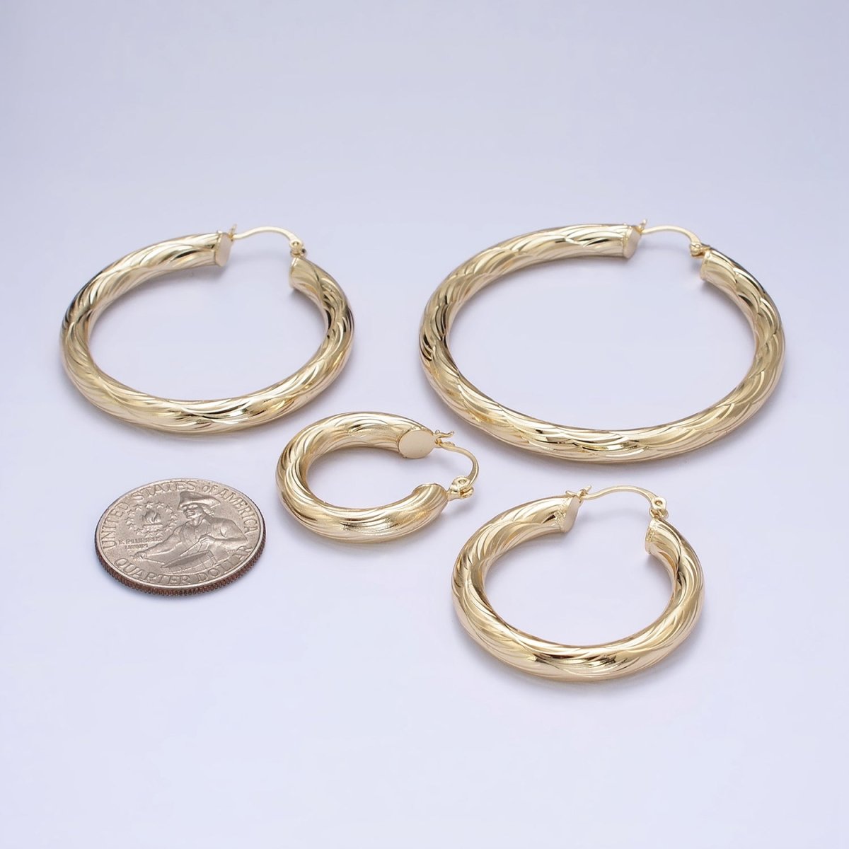 14K Gold Filled 25mm, 35mm, 45mm, 55mm Curved Line-Textured Twisted French Lock Latch Earrings | AE017 - AE020 - DLUXCA