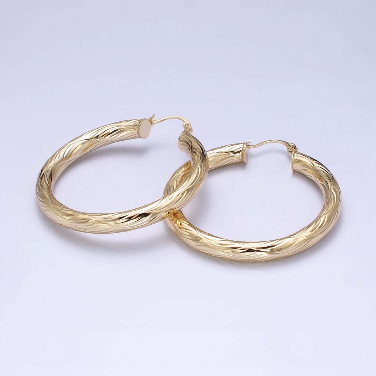 14K Gold Filled 25mm, 35mm, 45mm, 55mm Curved Line-Textured Twisted French Lock Latch Earrings | AE017 - AE020 - DLUXCA