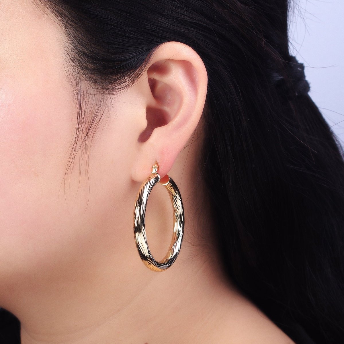 14K Gold Filled 25mm, 35mm, 45mm, 55mm Curved Line-Textured Twisted French Lock Latch Earrings | AE017 - AE020 - DLUXCA