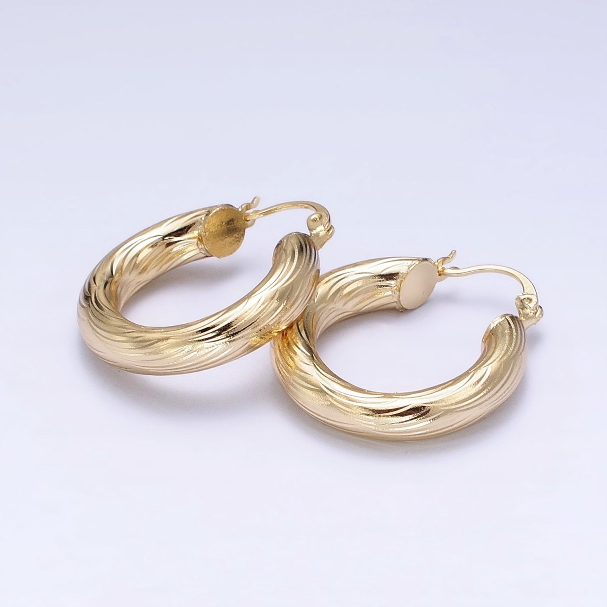 14K Gold Filled 25mm, 35mm, 45mm, 55mm Curved Line-Textured Twisted French Lock Latch Earrings | AE017 - AE020 - DLUXCA