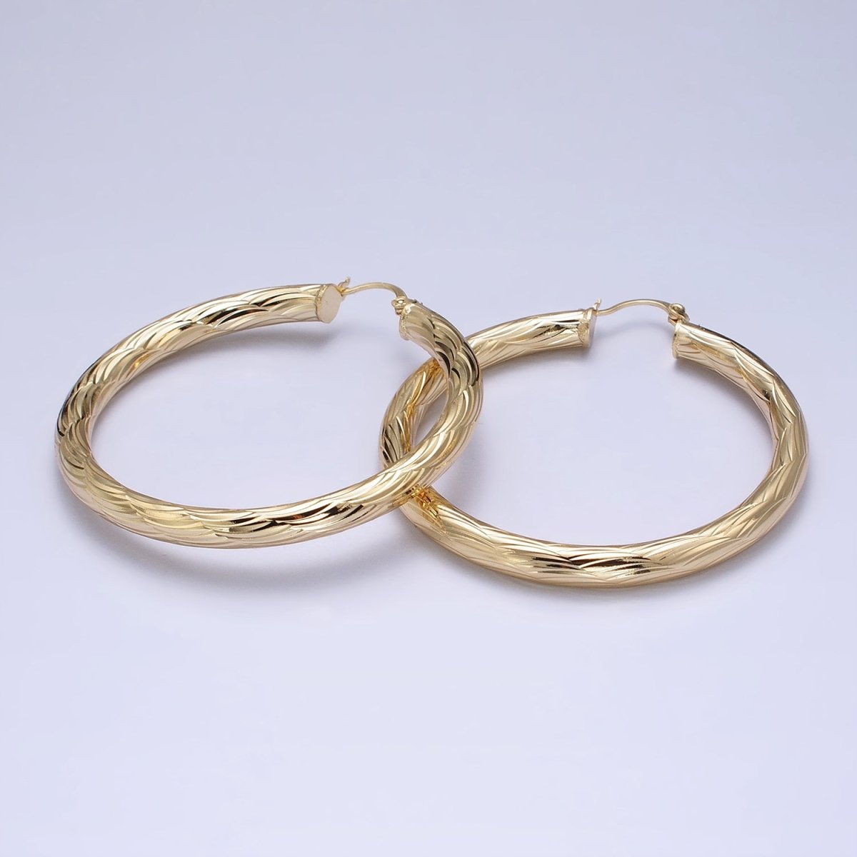 14K Gold Filled 25mm, 35mm, 45mm, 55mm Curved Line-Textured Twisted French Lock Latch Earrings | AE017 - AE020 - DLUXCA