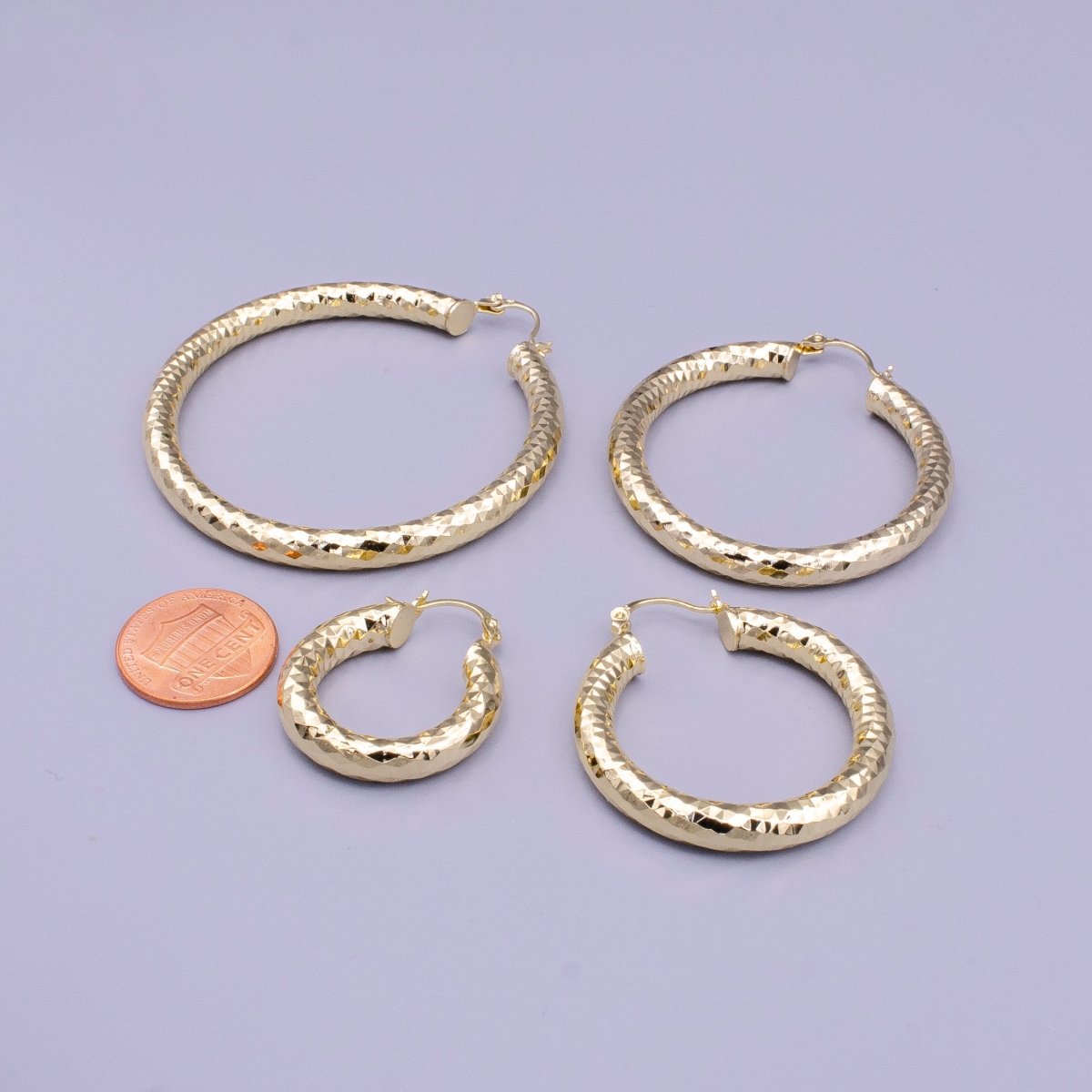 14K Gold Filled 25mm, 35mm, 45mm, 55mm Triangle Multifaceted French Lock Latch Earrings | AE059 - AE062 - DLUXCA