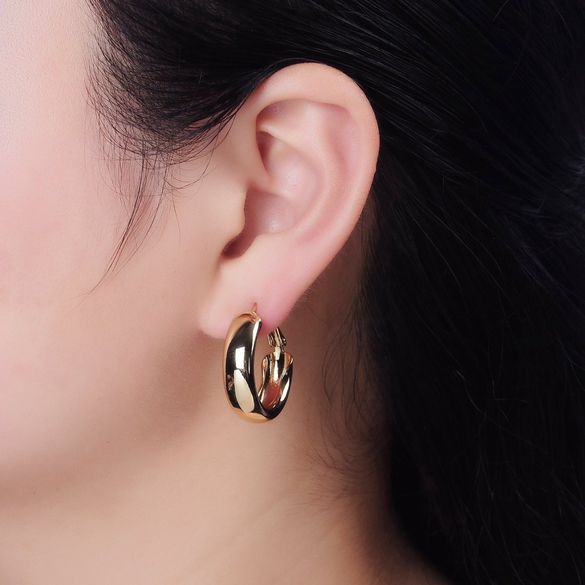 14K Gold Filled 25mm, 35mm, 45mm Wide Band Dome Hinge Hoop Earrings | AE550 AE551 AE407 - DLUXCA