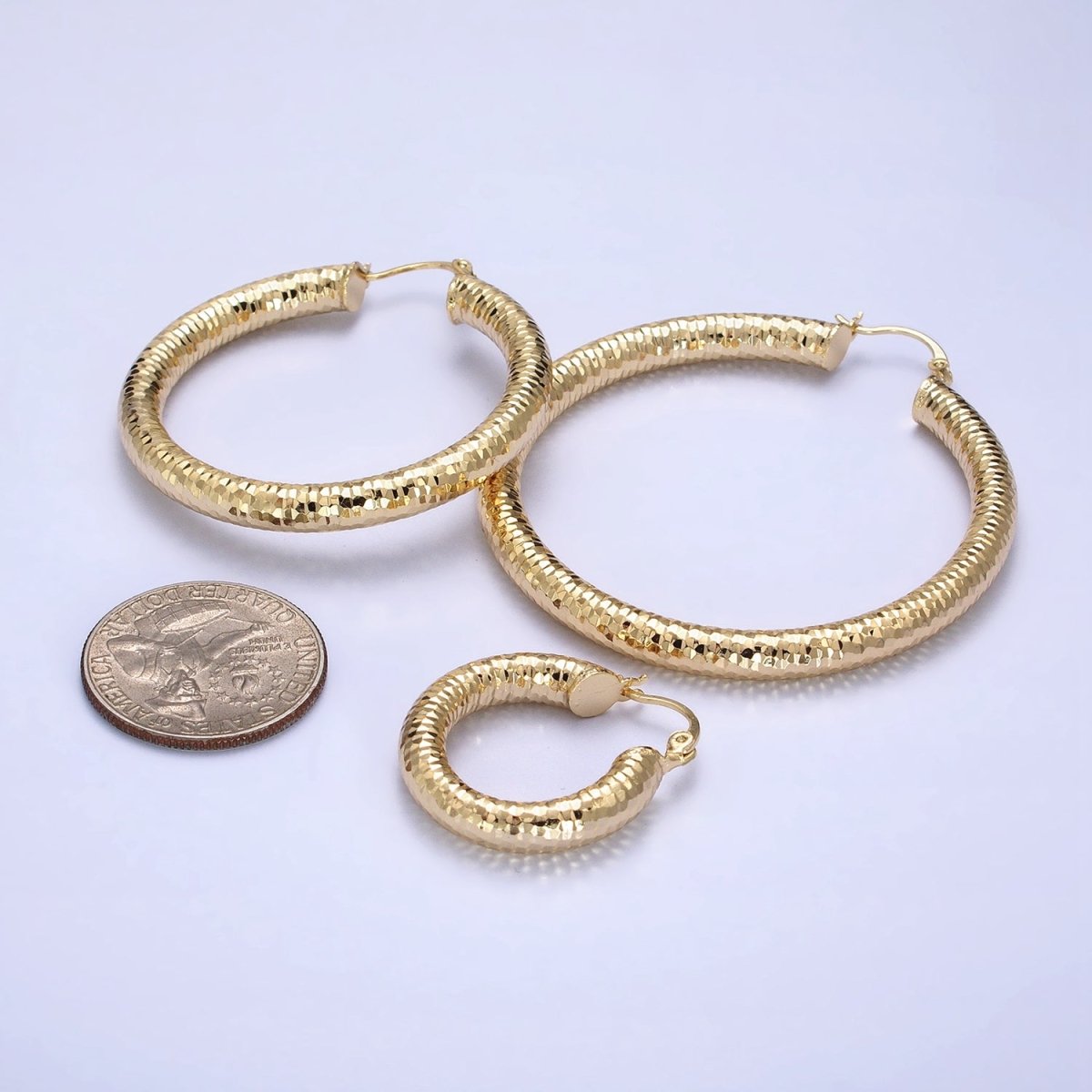 14K Gold Filled 25mm, 45mm, 55mm Round Multifaceted French Lock Latch Earrings | AE054 - AE056 - DLUXCA